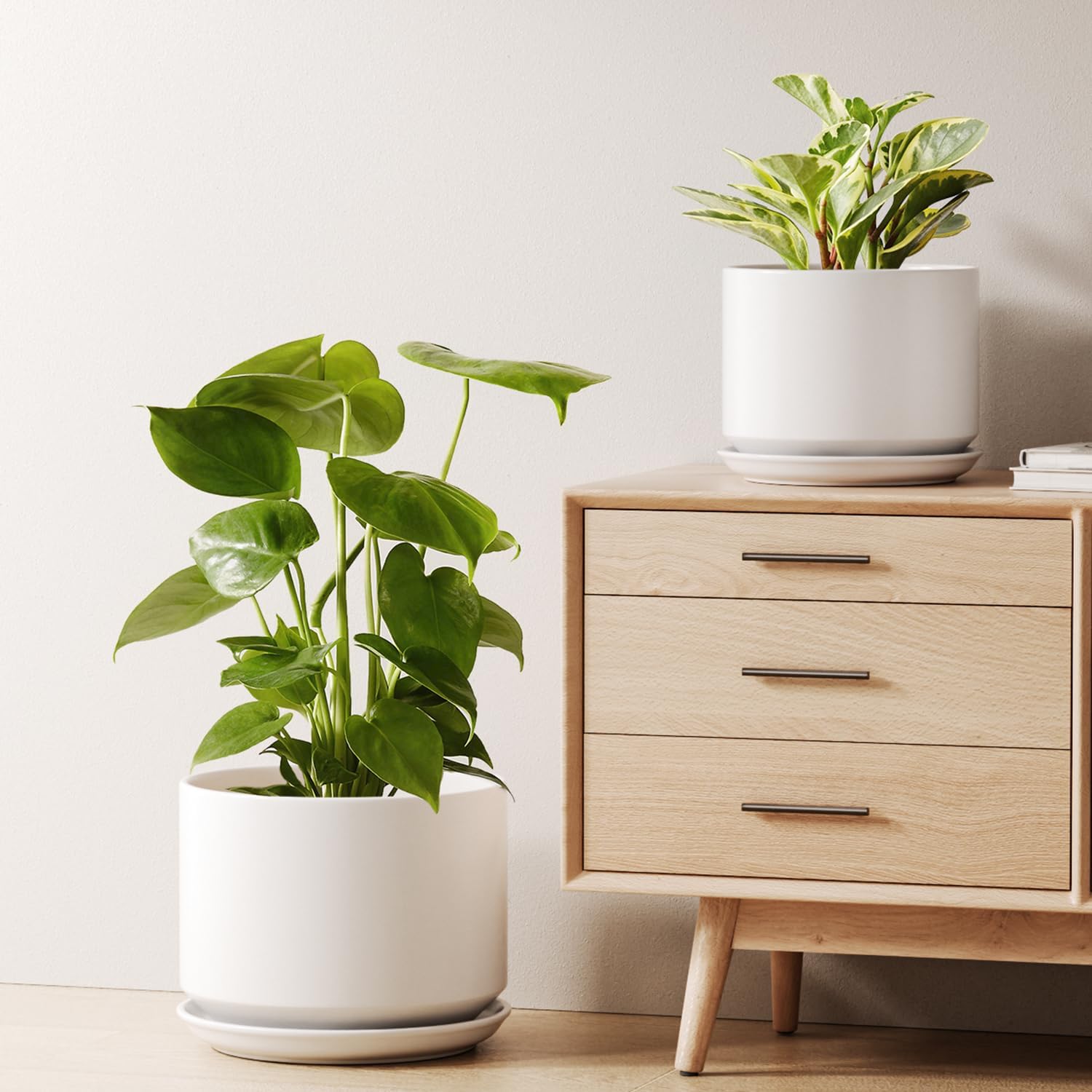 LE TAUCI Ceramic Pots for Plants, 10 Inch Plant Pot with Drainage Hole & Saucer, Sturdy & Modern Planters for Indoor Plants, Includes Mesh Screen, Fits Snake Plant & Monstera, White